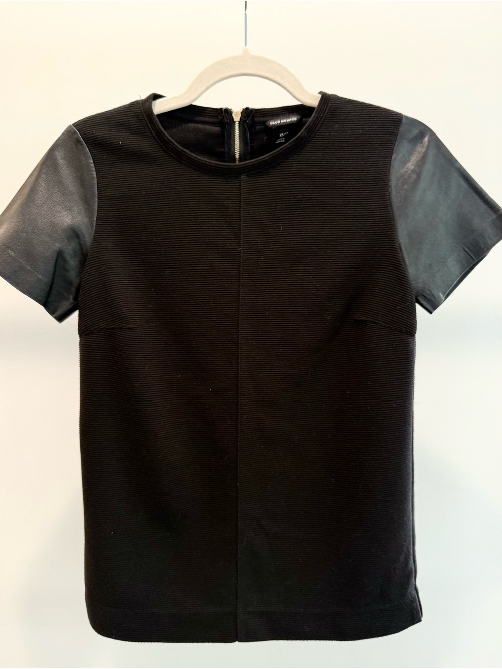 Club Monaco Black Tee with Leather Sleeves